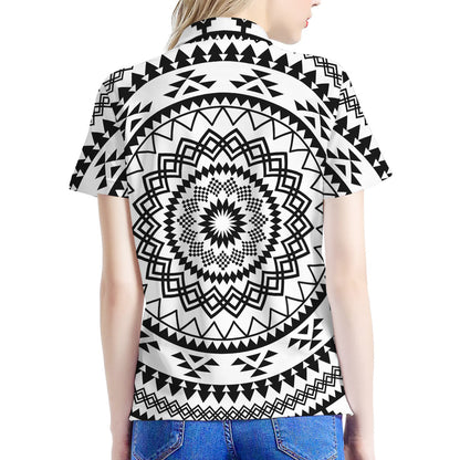 Black And White Tribal Mandala Print Women's Polo Shirt