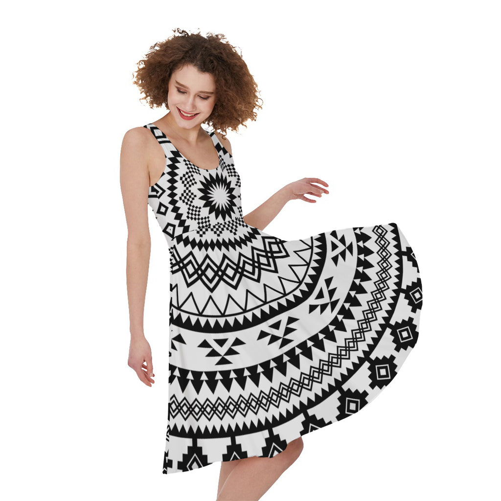 Black And White Tribal Mandala Print Women's Sleeveless Dress