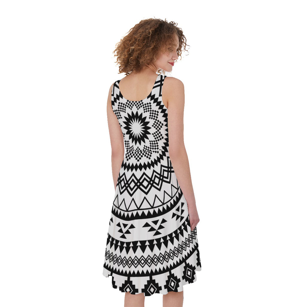 Black And White Tribal Mandala Print Women's Sleeveless Dress