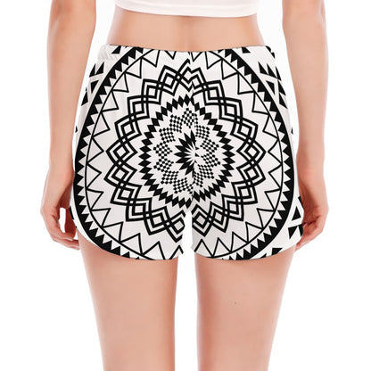 Black And White Tribal Mandala Print Women's Split Running Shorts