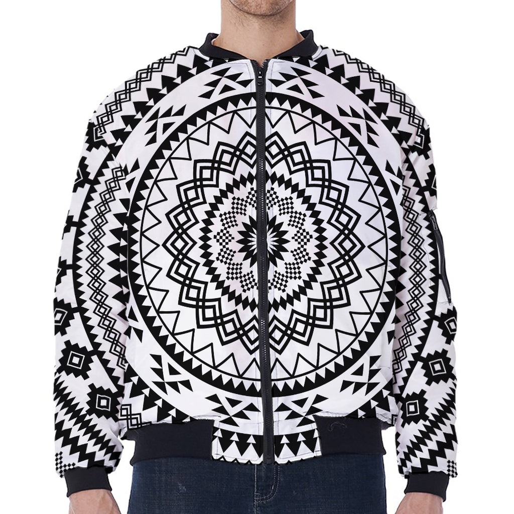 Black And White Tribal Mandala Print Zip Sleeve Bomber Jacket