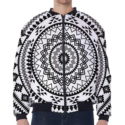 Black And White Tribal Mandala Print Zip Sleeve Bomber Jacket