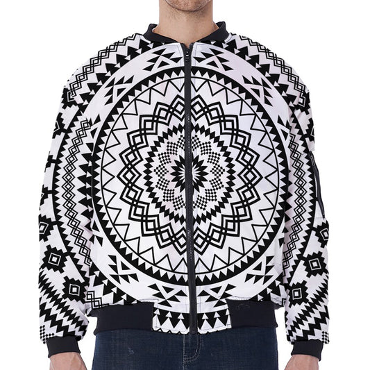 Black And White Tribal Mandala Print Zip Sleeve Bomber Jacket