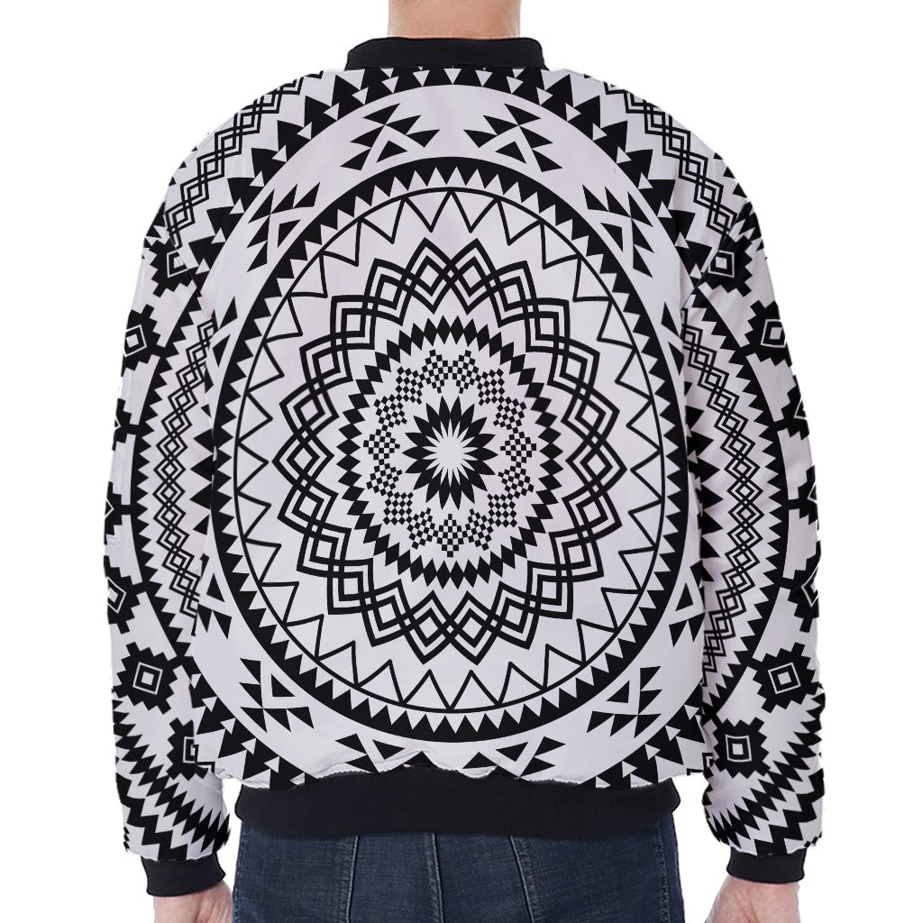 Black And White Tribal Mandala Print Zip Sleeve Bomber Jacket