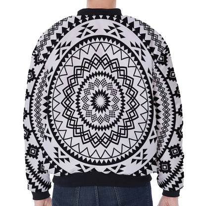 Black And White Tribal Mandala Print Zip Sleeve Bomber Jacket