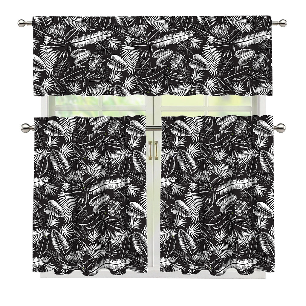 Black And White Tropical Palm Leaf Print 3 Piece Kitchen Curtains