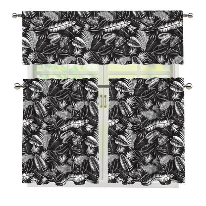 Black And White Tropical Palm Leaf Print 3 Piece Kitchen Curtains