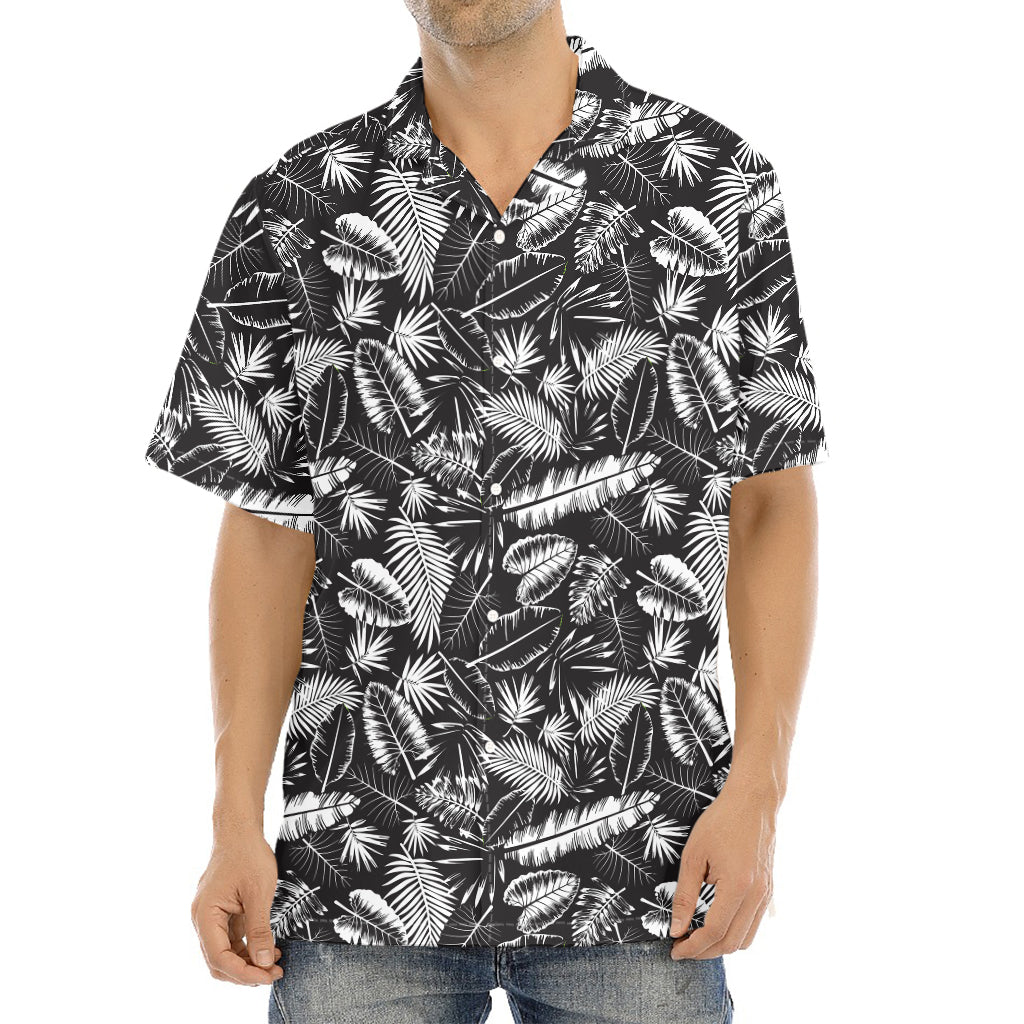 Black And White Tropical Palm Leaf Print Aloha Shirt