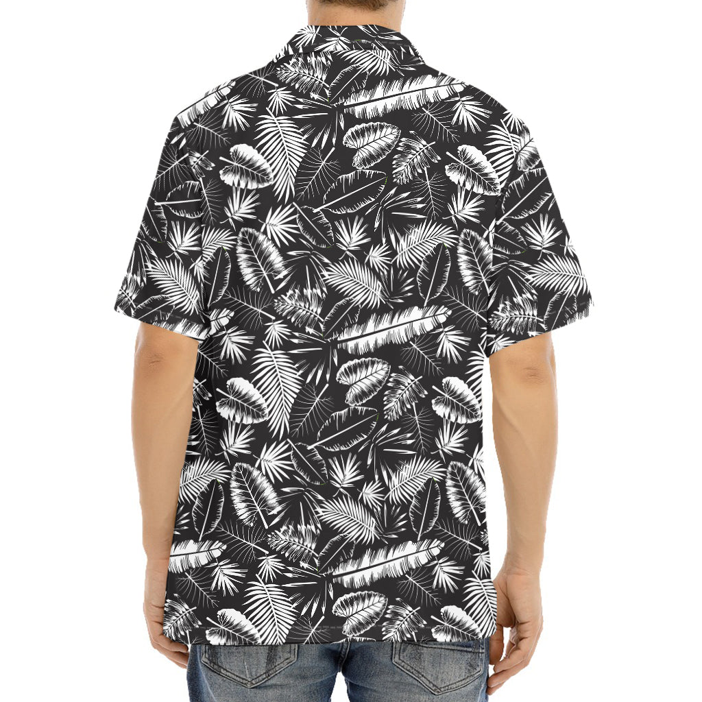 Black And White Tropical Palm Leaf Print Aloha Shirt