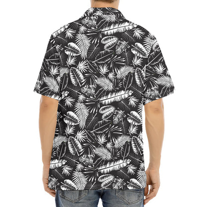 Black And White Tropical Palm Leaf Print Aloha Shirt