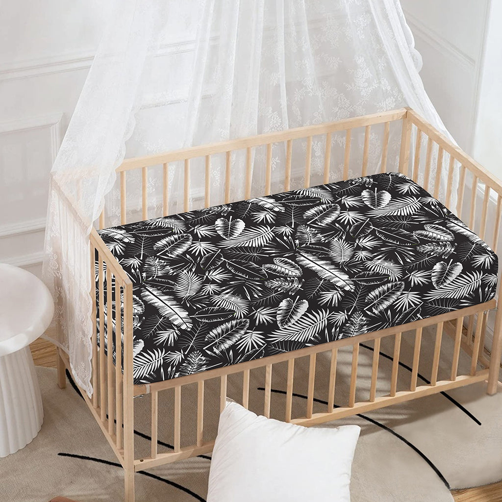 Black And White Tropical Palm Leaf Print Baby Crib Sheet