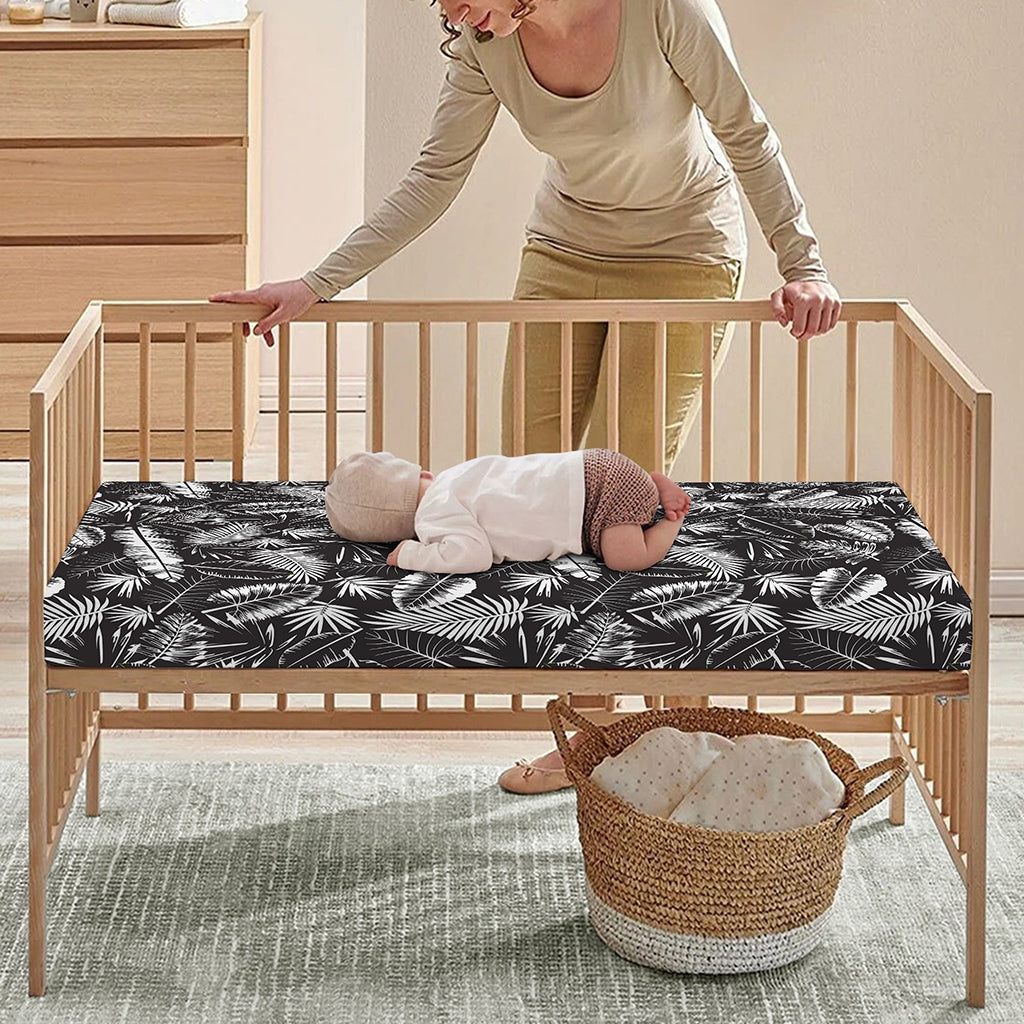 Black And White Tropical Palm Leaf Print Baby Crib Sheet
