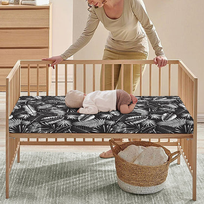 Black And White Tropical Palm Leaf Print Baby Crib Sheet