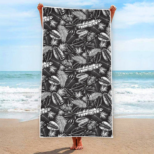 Black And White Tropical Palm Leaf Print Beach Towel