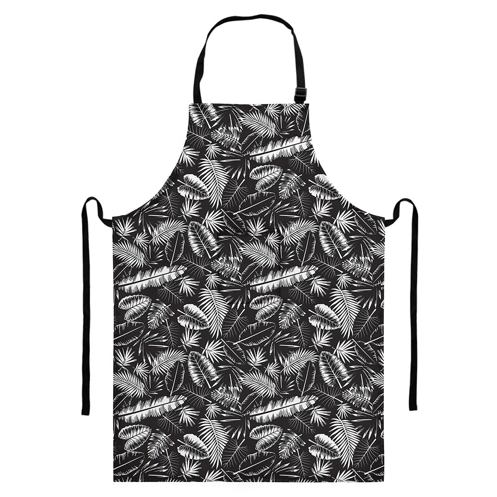 Black And White Tropical Palm Leaf Print Bib Apron With Pocket
