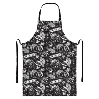 Black And White Tropical Palm Leaf Print Bib Apron With Pocket