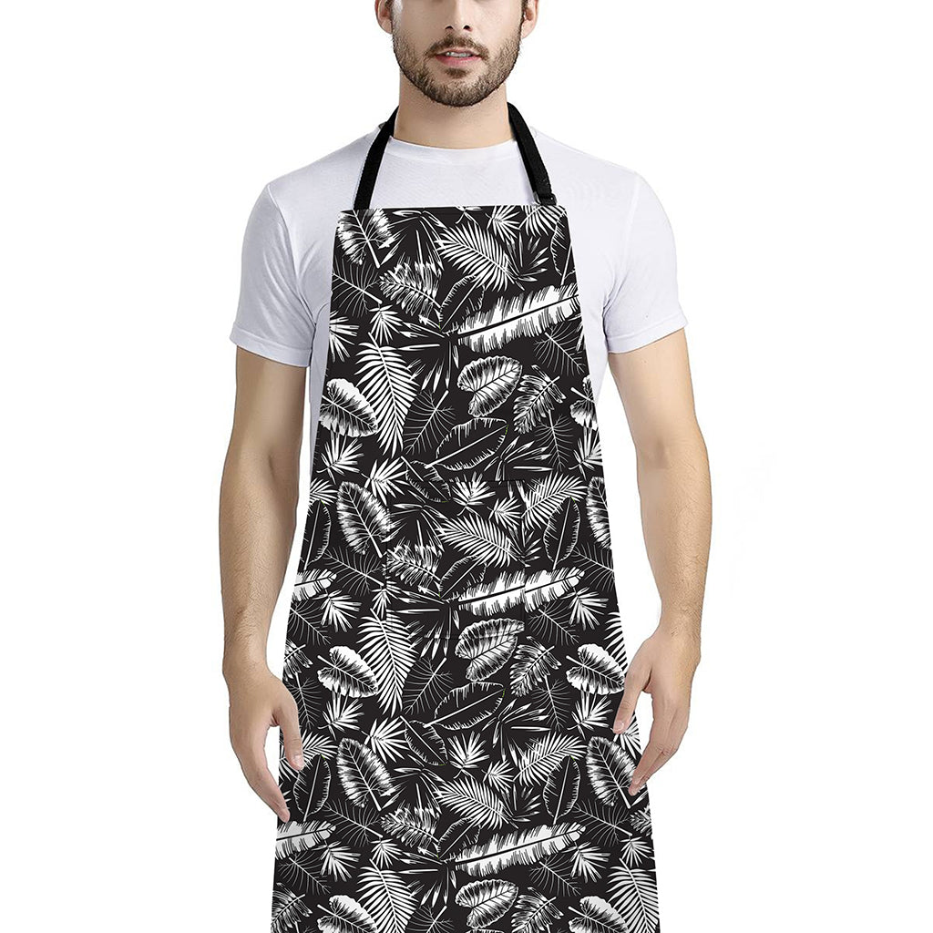 Black And White Tropical Palm Leaf Print Bib Apron With Pocket