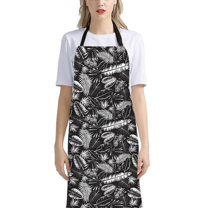 Black And White Tropical Palm Leaf Print Bib Apron With Pocket