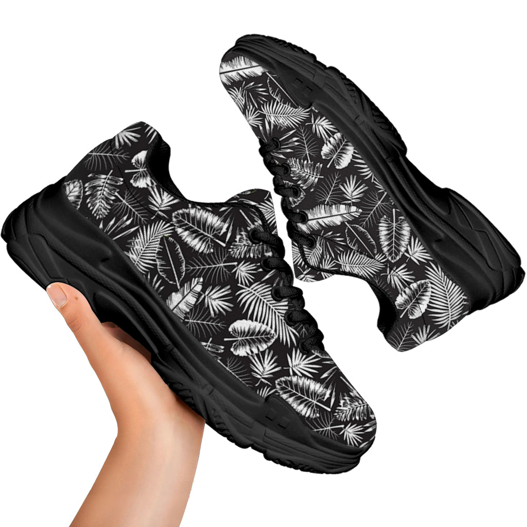 Black And White Tropical Palm Leaf Print Black Chunky Shoes