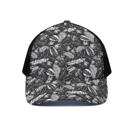 Black And White Tropical Palm Leaf Print Black Mesh Trucker Cap