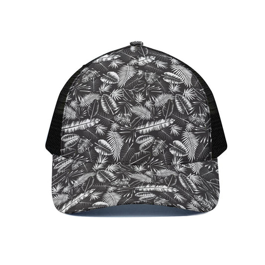 Black And White Tropical Palm Leaf Print Black Mesh Trucker Cap