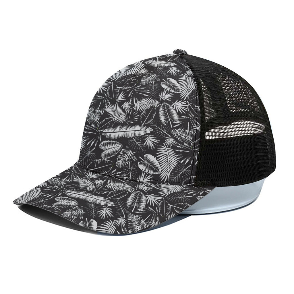 Black And White Tropical Palm Leaf Print Black Mesh Trucker Cap