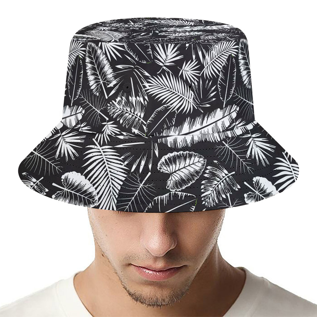 Black And White Tropical Palm Leaf Print Bucket Hat