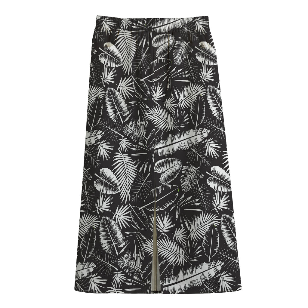 Black And White Tropical Palm Leaf Print Cotton Front Slit Maxi Skirt