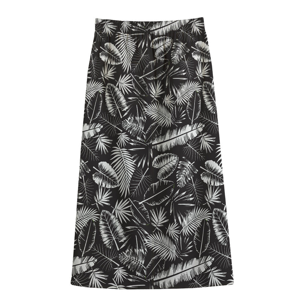 Black And White Tropical Palm Leaf Print Cotton Front Slit Maxi Skirt