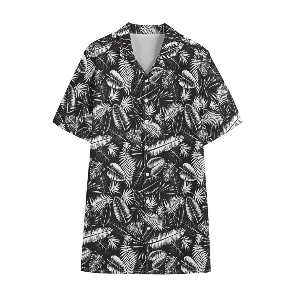Black And White Tropical Palm Leaf Print Cotton Hawaiian Shirt