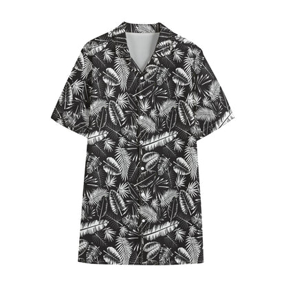 Black And White Tropical Palm Leaf Print Cotton Hawaiian Shirt