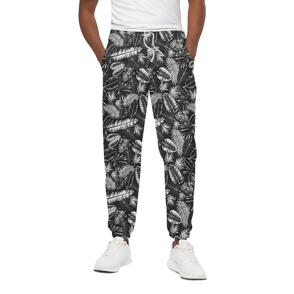 Black And White Tropical Palm Leaf Print Cotton Pants