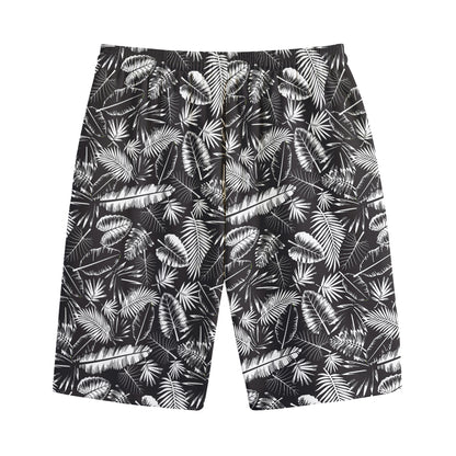 Black And White Tropical Palm Leaf Print Cotton Shorts