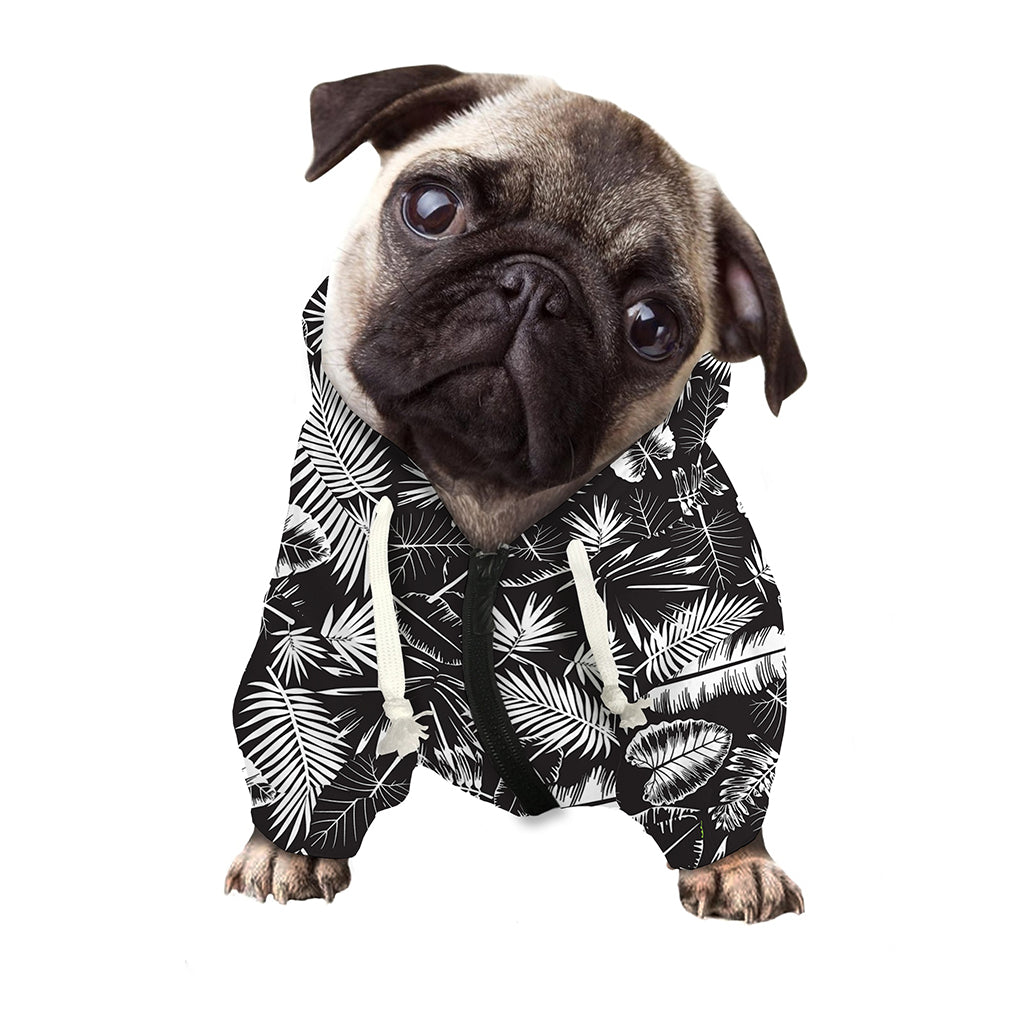 Black And White Tropical Palm Leaf Print Dog Zip Up Hoodie