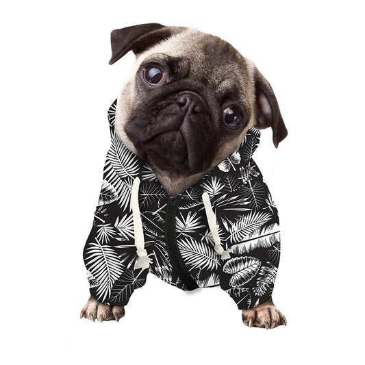 Black And White Tropical Palm Leaf Print Dog Zip Up Hoodie