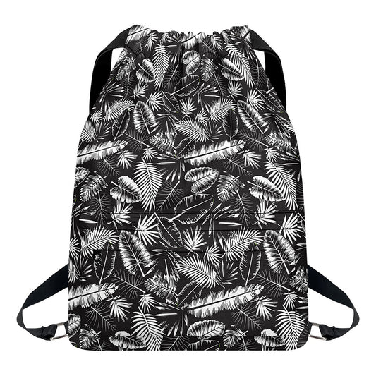 Black And White Tropical Palm Leaf Print Drawstring Backpack