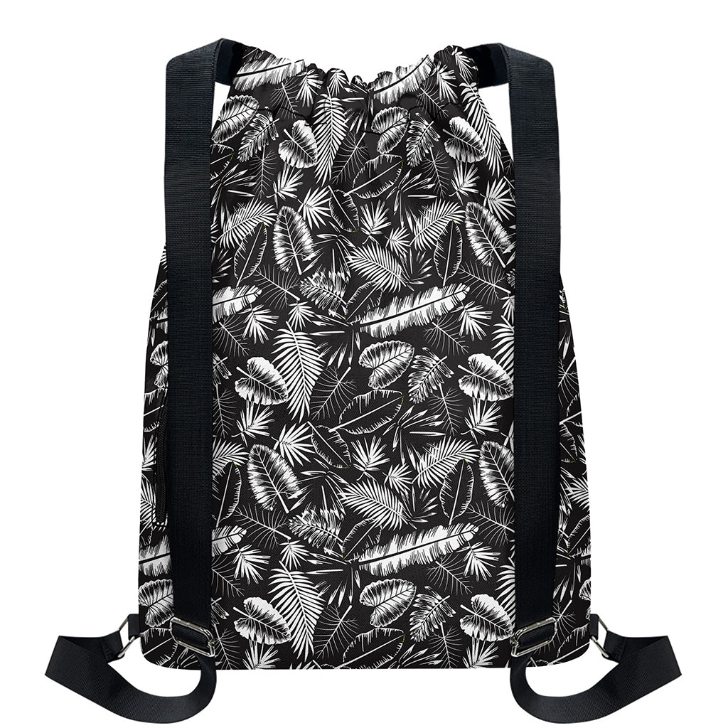 Black And White Tropical Palm Leaf Print Drawstring Backpack