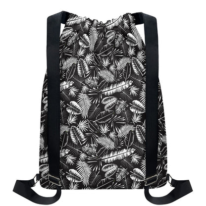 Black And White Tropical Palm Leaf Print Drawstring Backpack