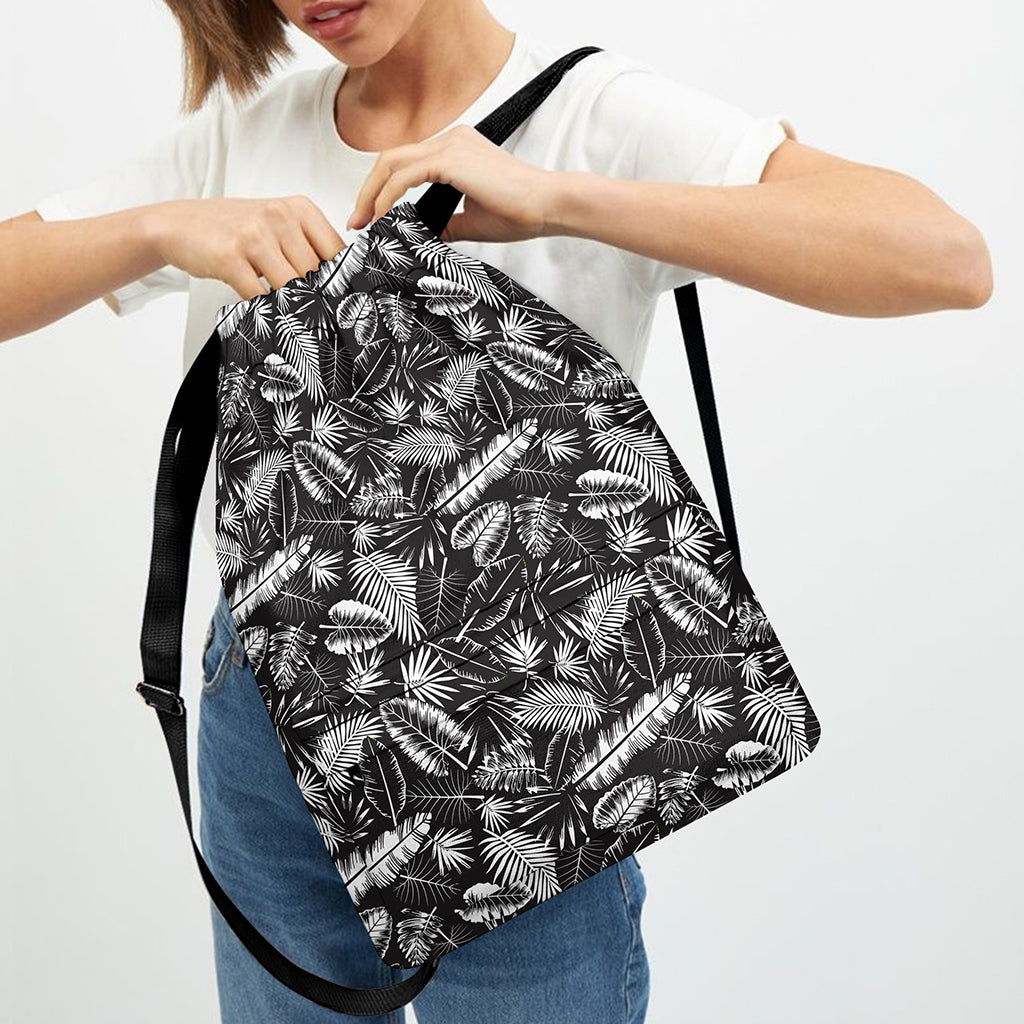 Black And White Tropical Palm Leaf Print Drawstring Backpack