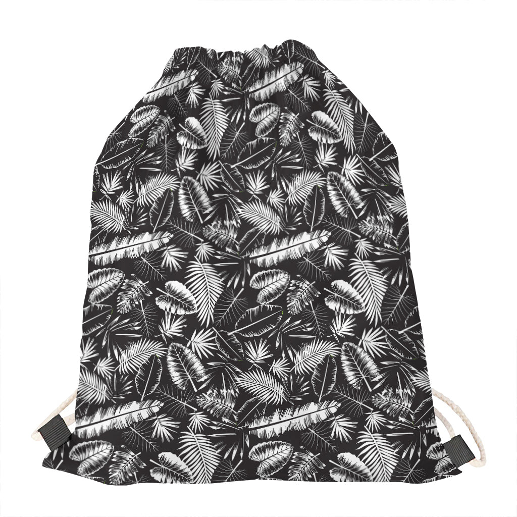Black And White Tropical Palm Leaf Print Drawstring Bag