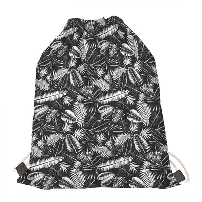 Black And White Tropical Palm Leaf Print Drawstring Bag