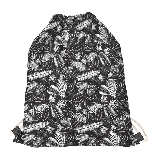 Black And White Tropical Palm Leaf Print Drawstring Bag