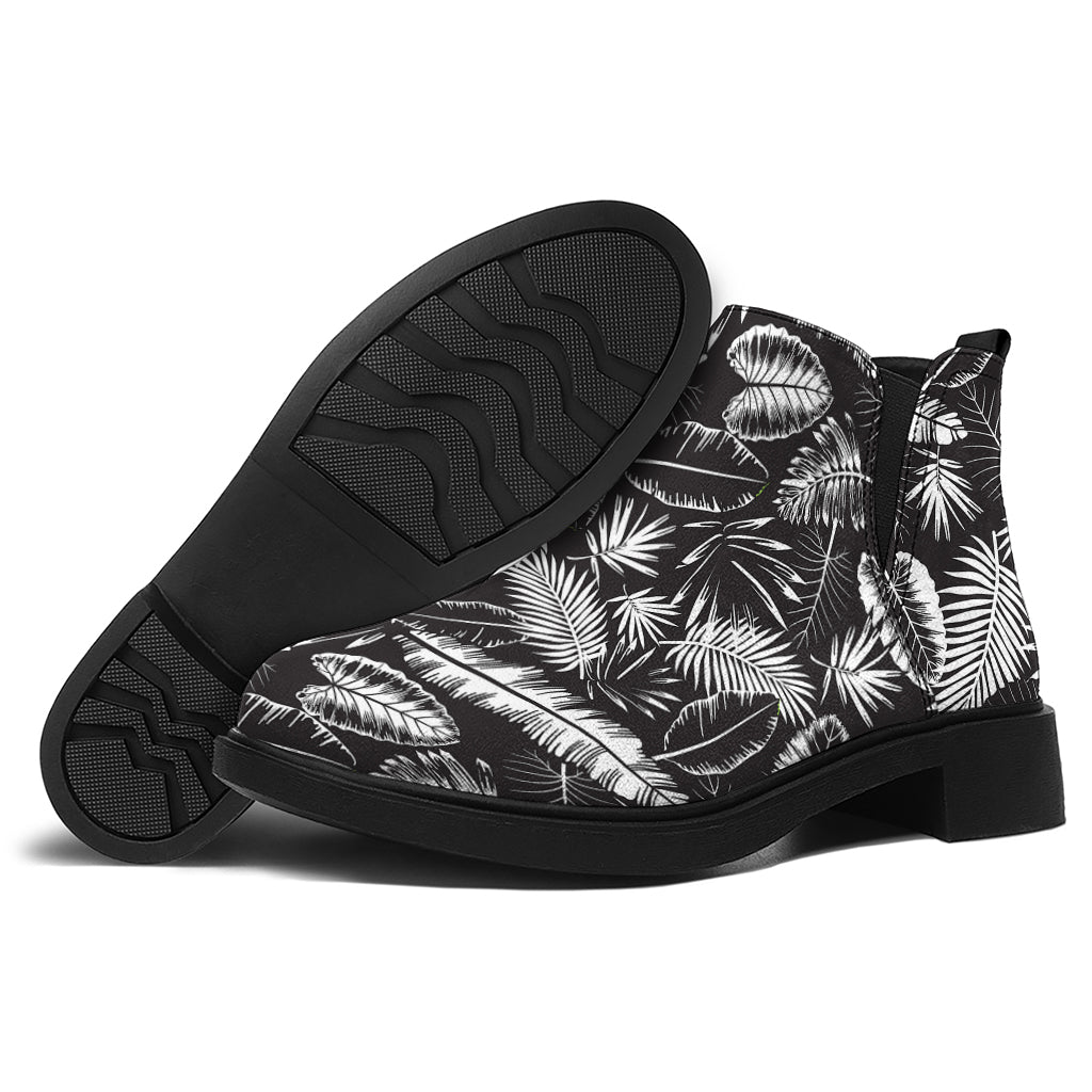 Black And White Tropical Palm Leaf Print Flat Ankle Boots