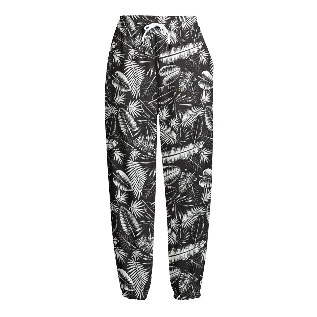 Black And White Tropical Palm Leaf Print Fleece Lined Knit Pants