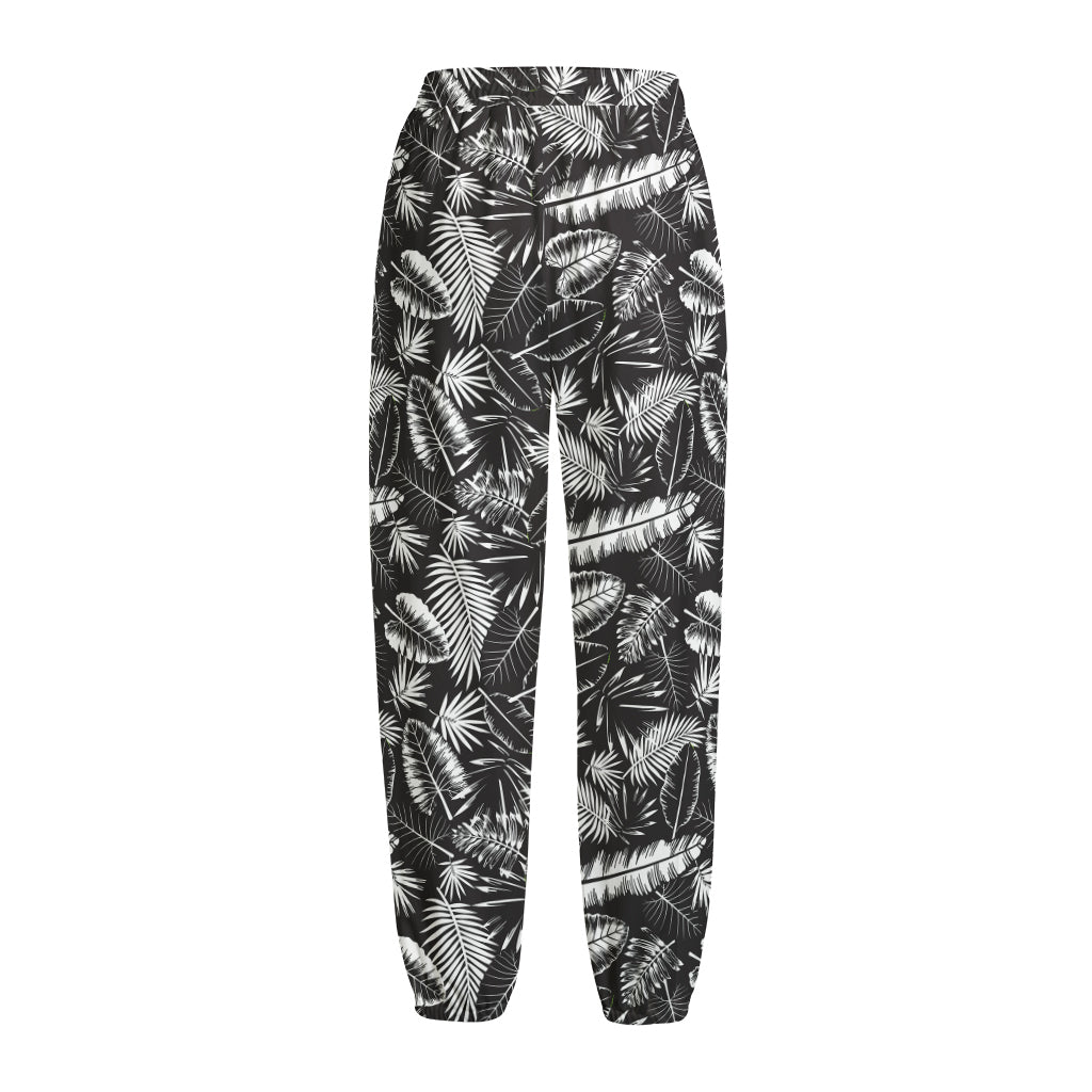 Black And White Tropical Palm Leaf Print Fleece Lined Knit Pants