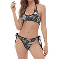 Black And White Tropical Palm Leaf Print Halter Scoop Tie Side Bikini