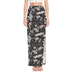 Black And White Tropical Palm Leaf Print High Slit Maxi Skirt