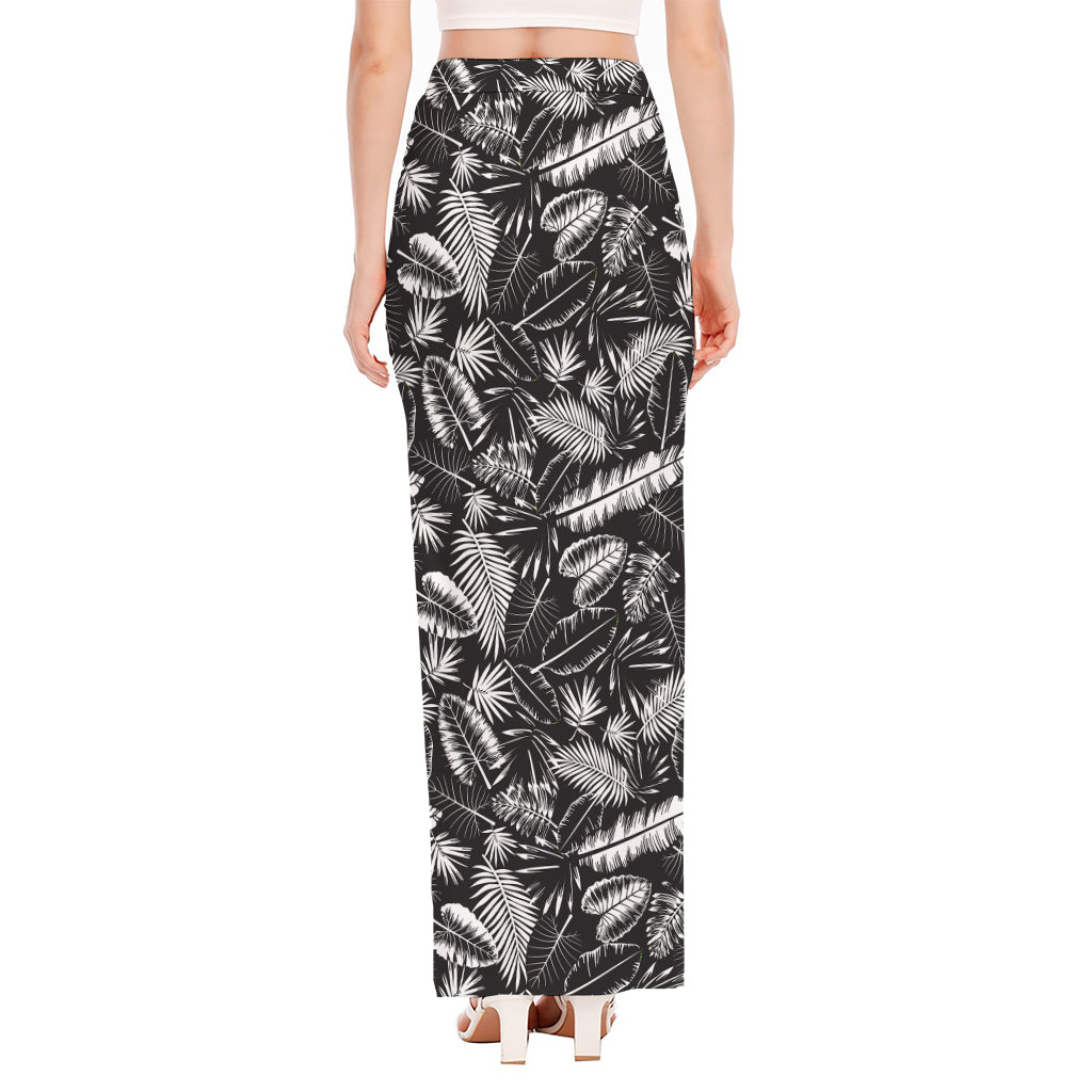 Black And White Tropical Palm Leaf Print High Slit Maxi Skirt