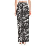 Black And White Tropical Palm Leaf Print High Slit Maxi Skirt