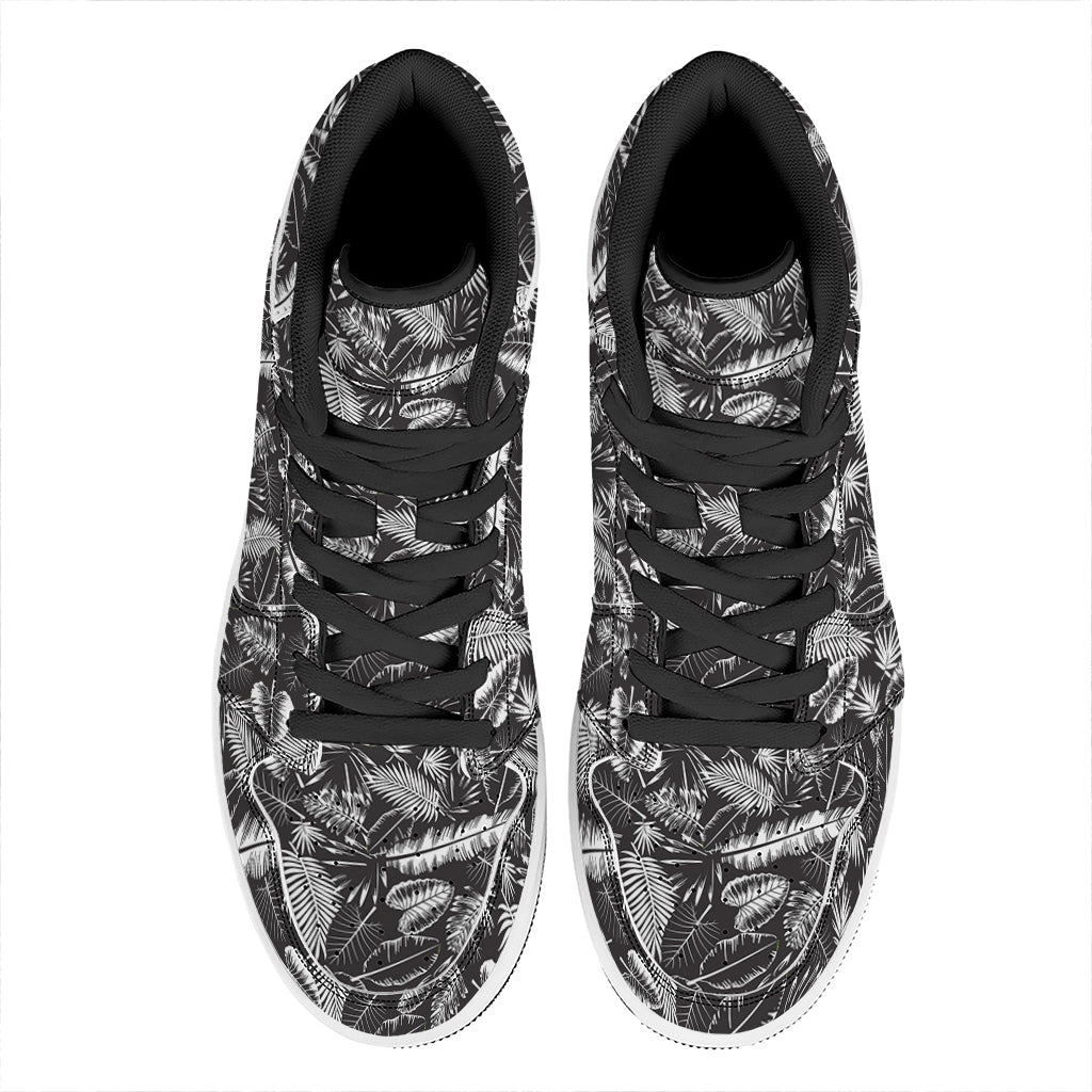 Black And White Tropical Palm Leaf Print High Top Leather Sneakers